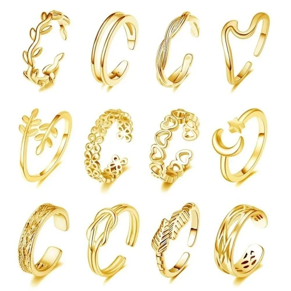 Yellow Gold Adjustable Open Toe Rings - Set of 12